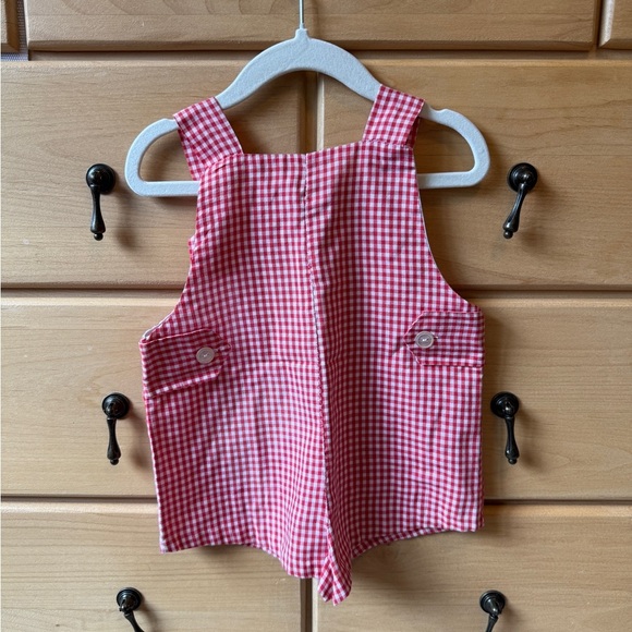 Vintage 90s Hand Sewn Gingham Red Embroidered Sailboat Shortalls Size 6-12 Month - Picture 5 of 5
